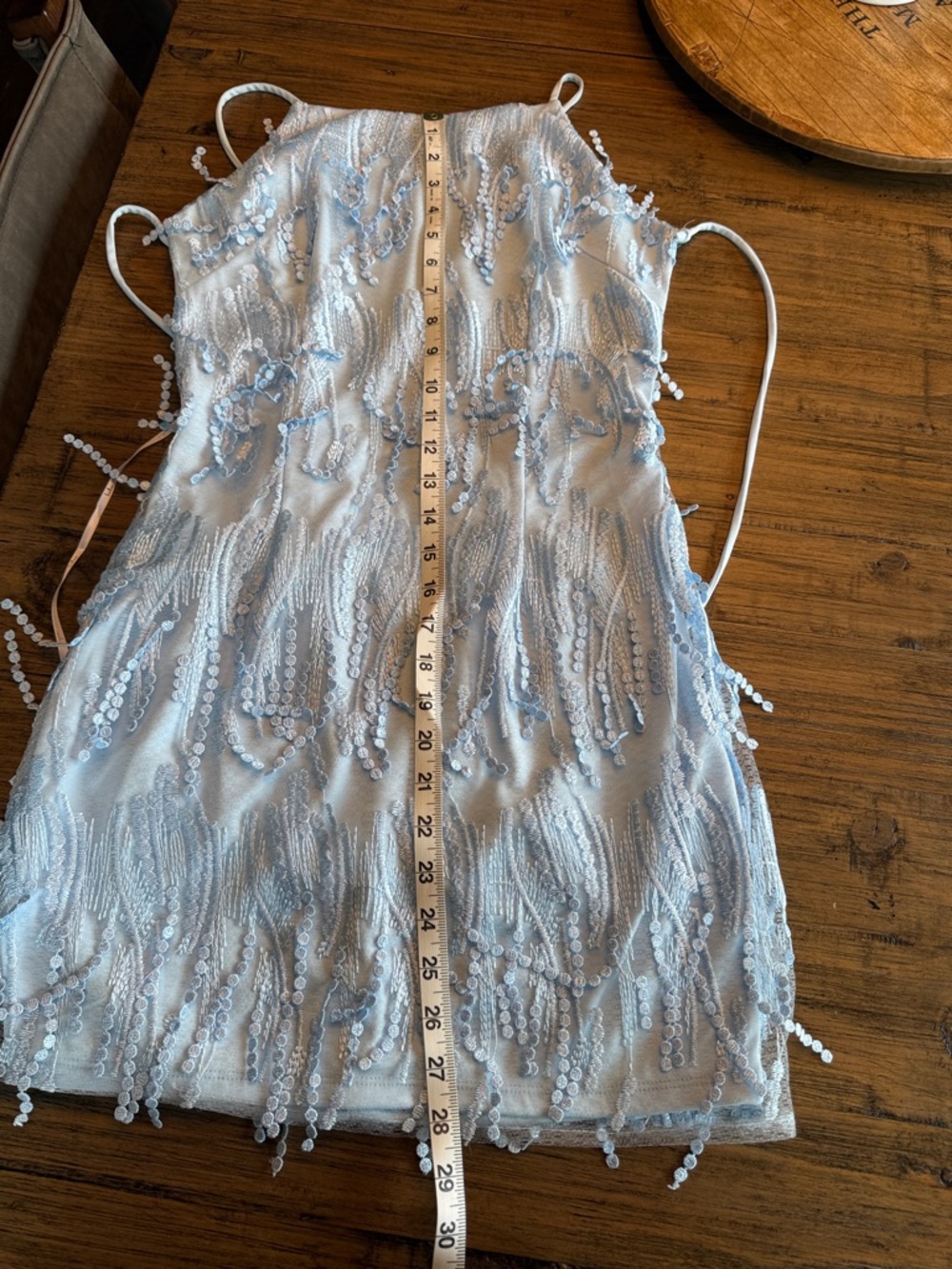 Lulu's Making Magic Light Blue Fringe Lace Up mini Dress - size small - Picture 10 of 10